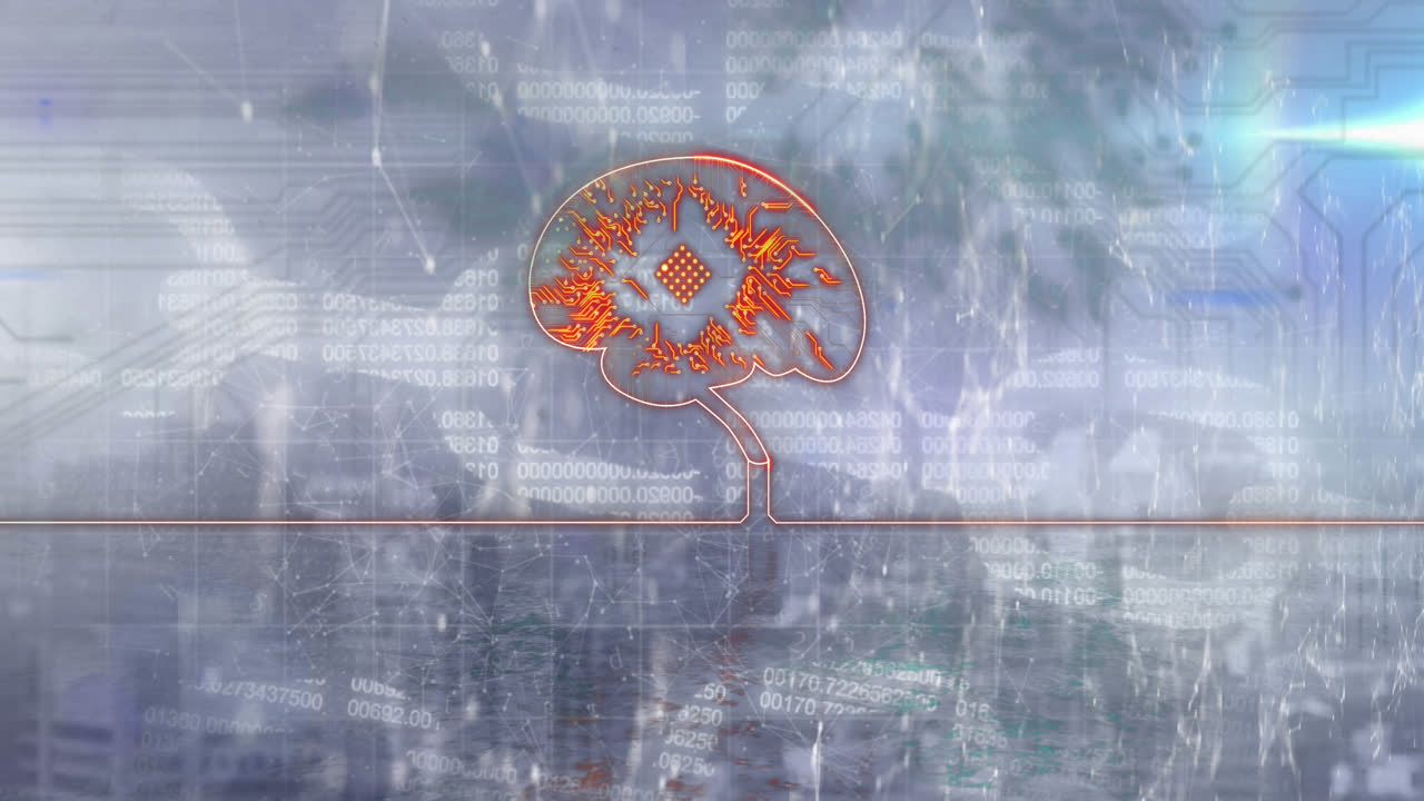 컴퓨터 회로판과 블록체인을 통해 데이터 처리를 통해 형성된 인간의 뇌의 애니메이션