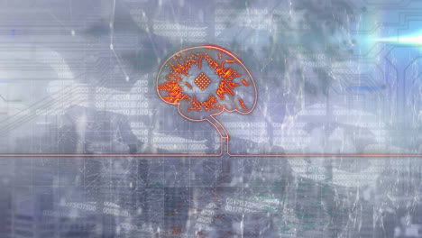 animación del cerebro humano formada con placa de circuitos informáticos y procesamiento de datos a través de blockchain