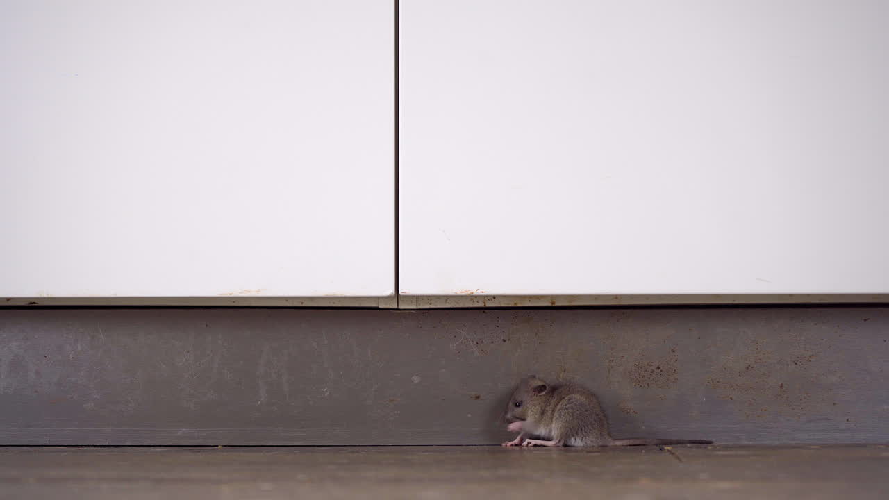 un amplio disparo de una joven rata marrón sentada en el suelo de la cocina, preparándose