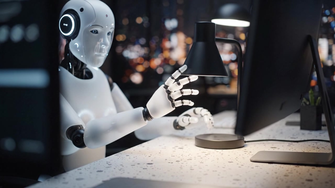 Un robot umanoide impegnato a una scrivania in un ambiente di lavoro moderno, illuminato da luce ambientale, con una postazione computerizzata elegante e uno skyline cittadino sfocato sullo sfondo.
