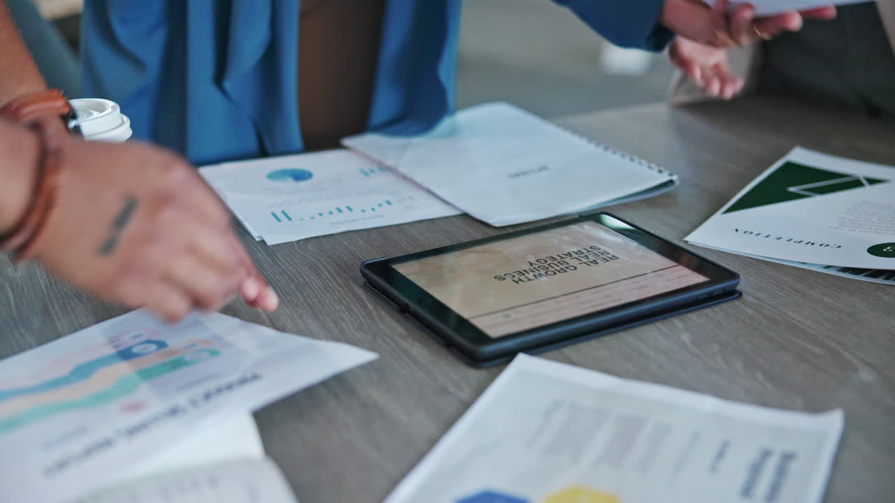 Tablet, strategy and documents with hands