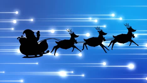 Digital-animation-of-black-silhouette-of-santa-claus-in-sleigh-being-pulled-by-reindeers