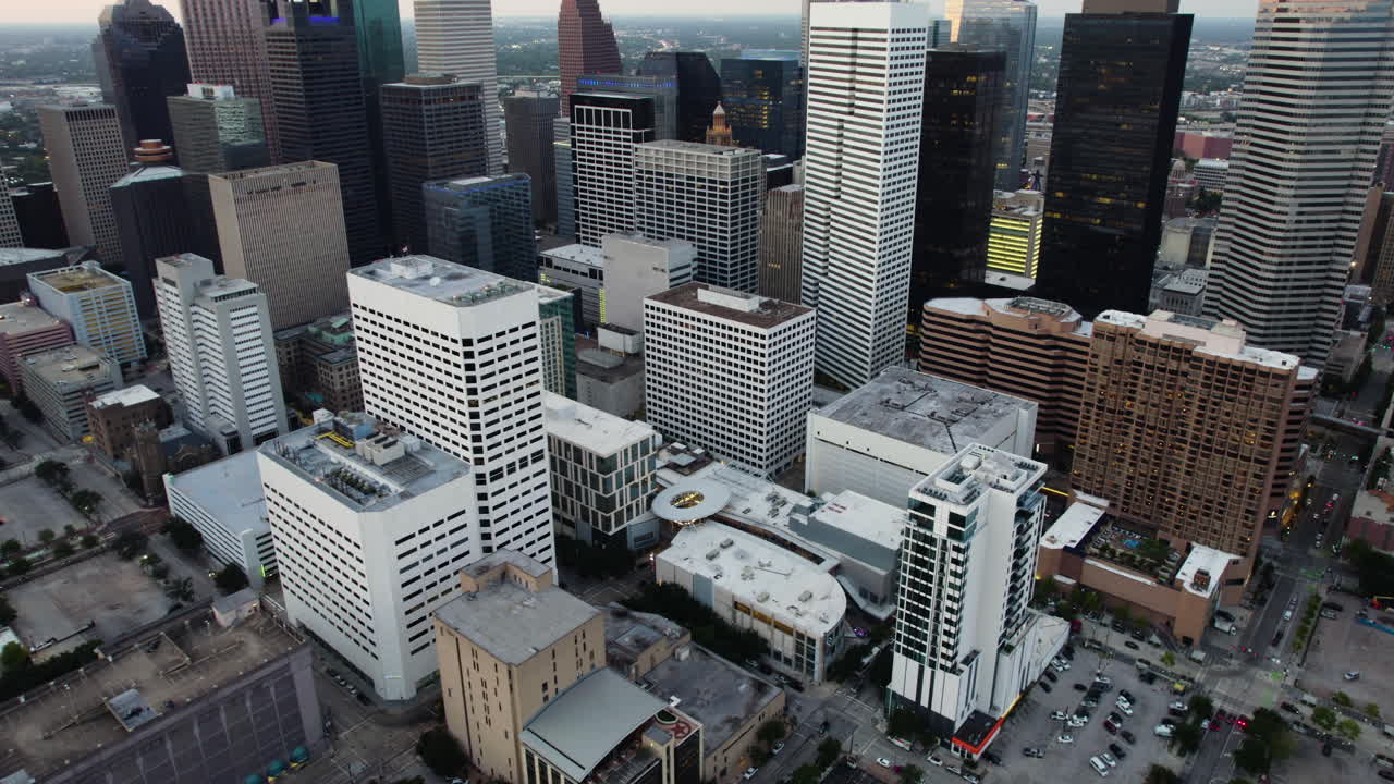 허스톤의 스카이 라인을 드러내는 거꾸로 상승하는 공중 풍경, 텍사스, 미국