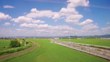 japanese countryside in summer, green rice fields being passed by train