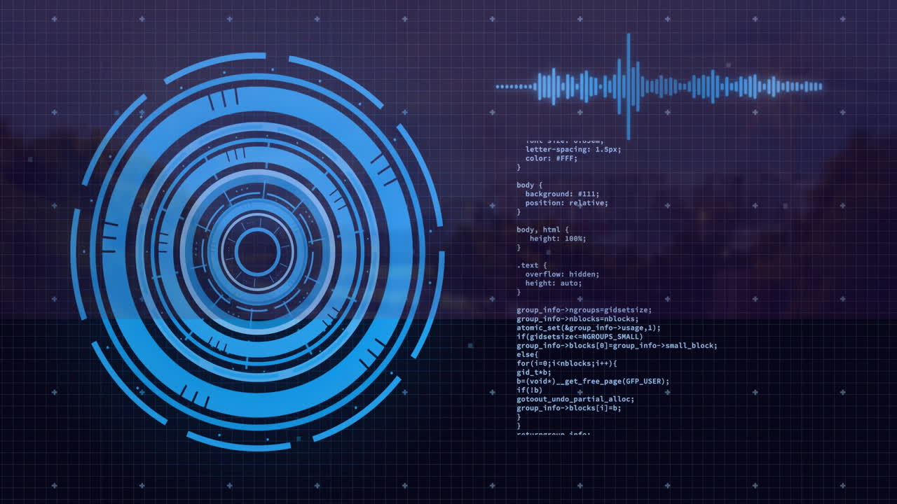 Futuristic circular interface and coding animation over grid background