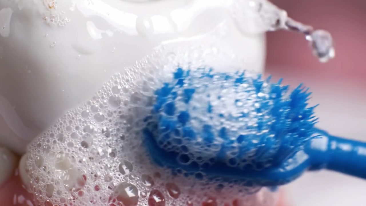 Un'esplorazione ravvicinata dell'igiene orale, con uno spazzolino con schiuma sui denti per una pulizia efficace.