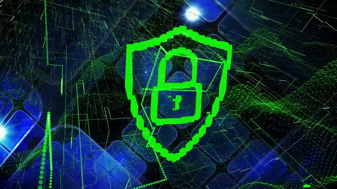 Animation of online security padlock, network of connections