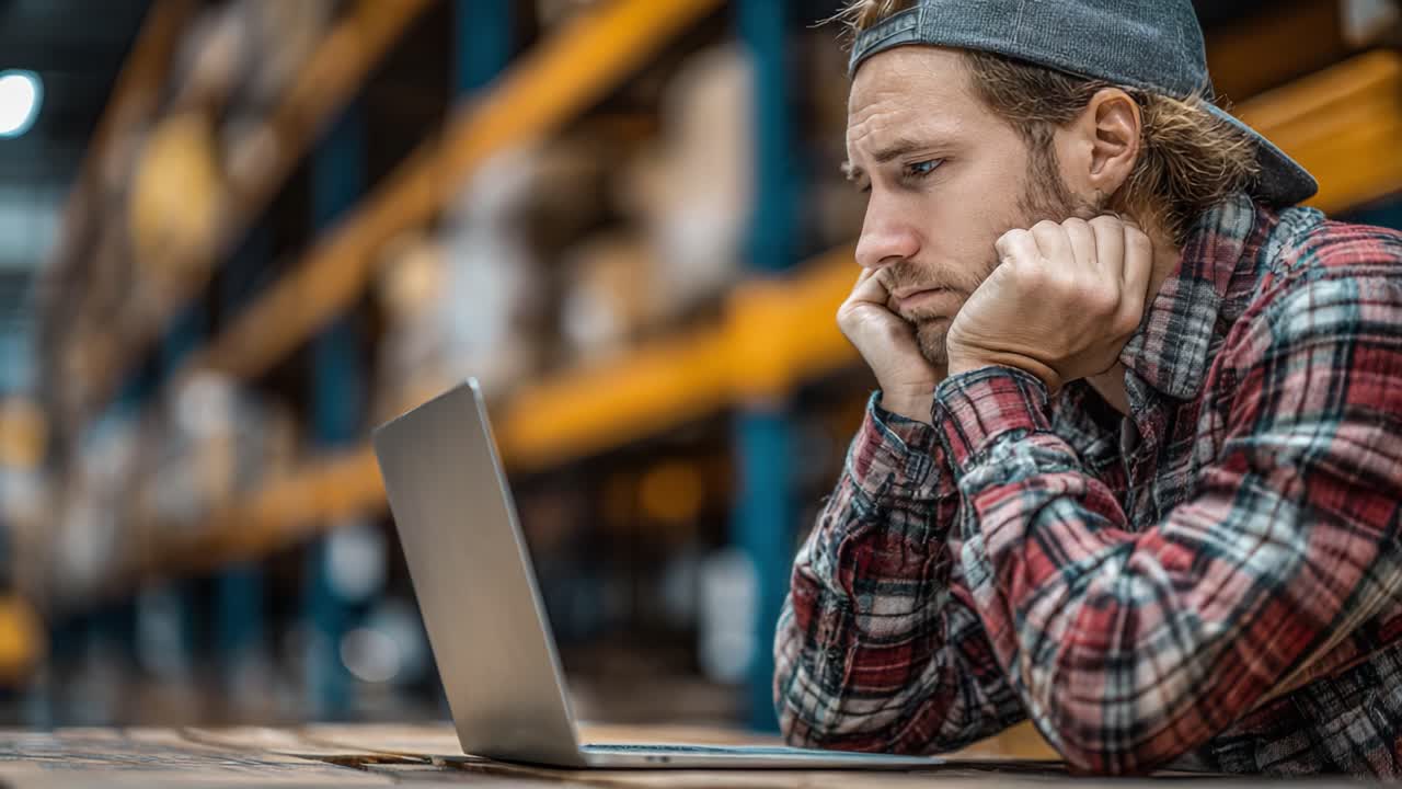 A Young Man Displays Frustration and Disappointment While Staring at His Laptop in a Warehouse, Captured in Two Frames of His Dilemma and Engagement with Technology