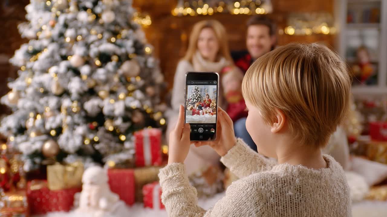 A Joyful Holiday Moment Captured: A Child Takes a Photo of a Family Celebration by the Christmas Tree Surrounded by Gifts and Decorations