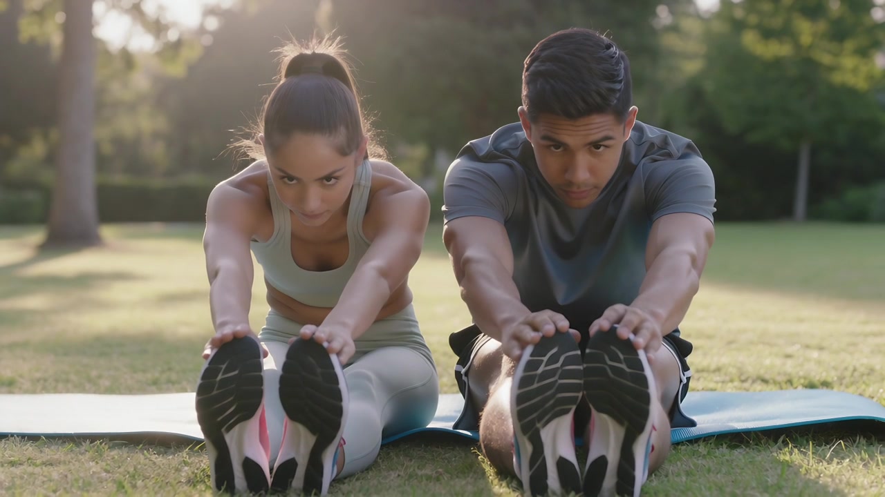 Sessão começando, casal fazendo alongamento de isquiotibiais sentado em tapetes de parque para flexibilidade, usando roupas esportivas.