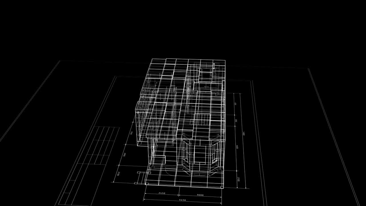 proceso de construcción de un plano de cabaña 3d en un plano de fondo negro. animación 3d de la construcción de una casa abstracta. concepto de negocio de construcción. el último turno es loopable.