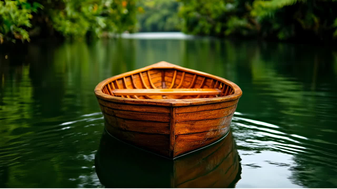 Wooden boat floating in calm water. A wooden boat rests peacefully on still water surrounded by lush greenery, reflecting a serene nature scene