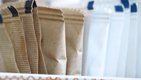 a row of various individual serving packets