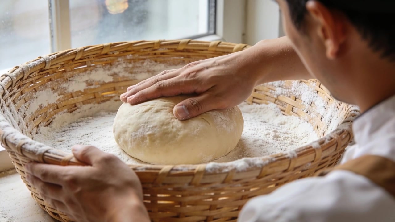 Steadying woven basket, baker in apron pressing, smoothing dough by window for baking, copy space