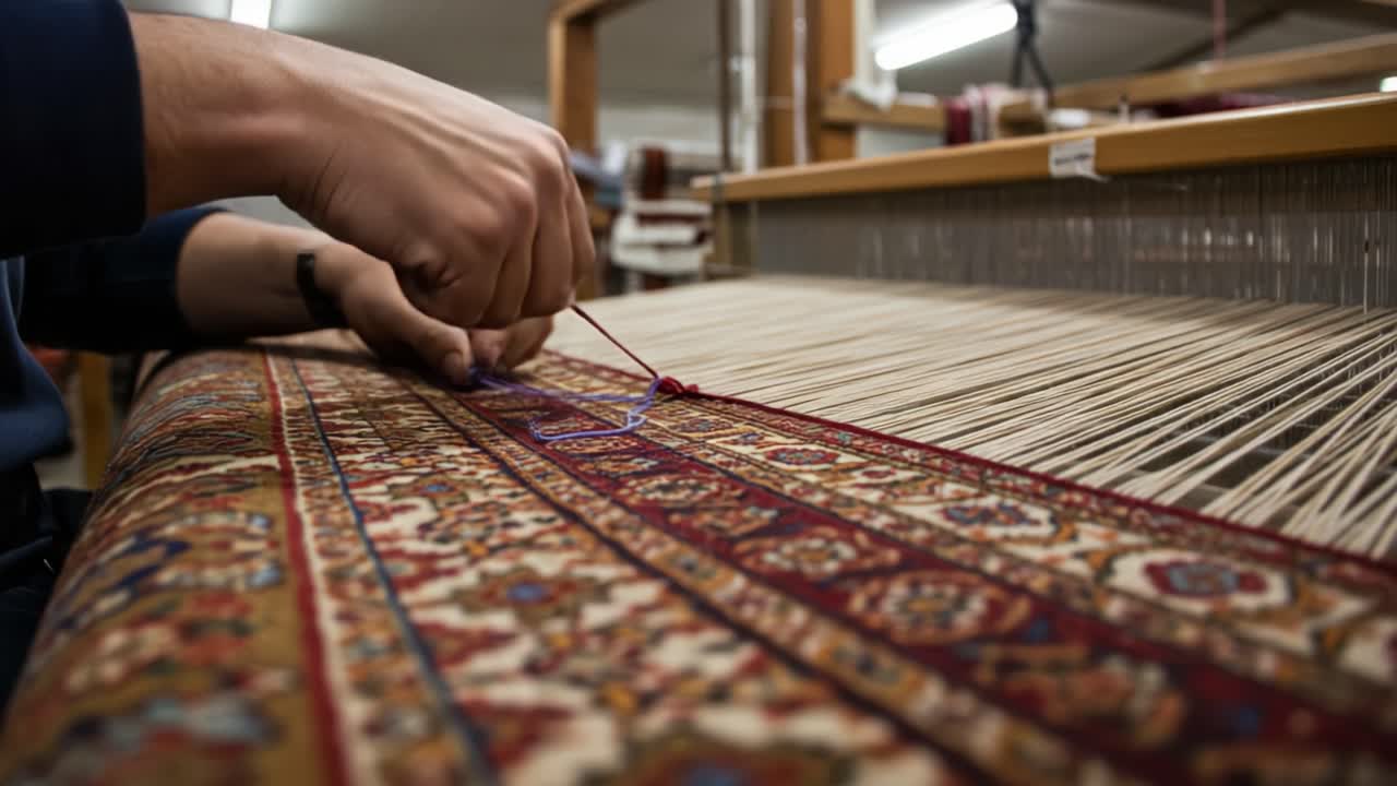 Intricate Traditional Weaving: Craftsmanship in Action as Hands Skillfully Manipulate Threads on a Loom to Create Beautiful Patterns and Textiles