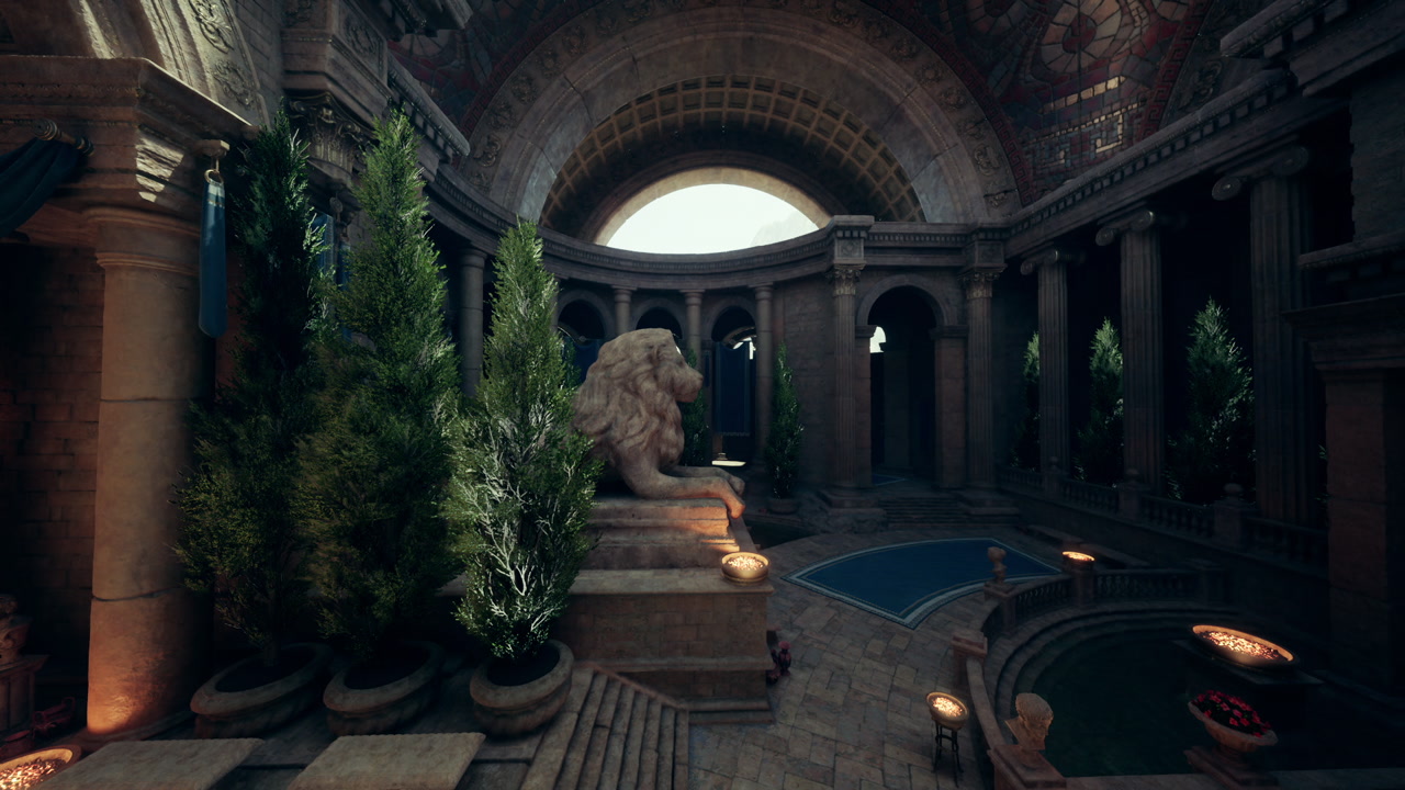 Refined entrance courtyard grand chamber with statues and gardens