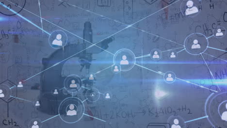 Animation of network of connections with female scientist using microscope