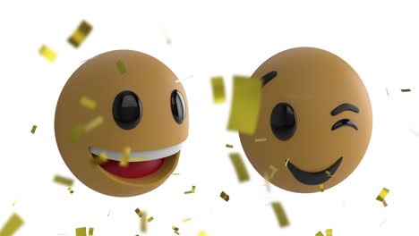 Animation-Von-Goldenem-Konfetti,-Das-über-Zwei-Lächelnde-Emojis-Auf-Weißem-Hintergrund-Fällt