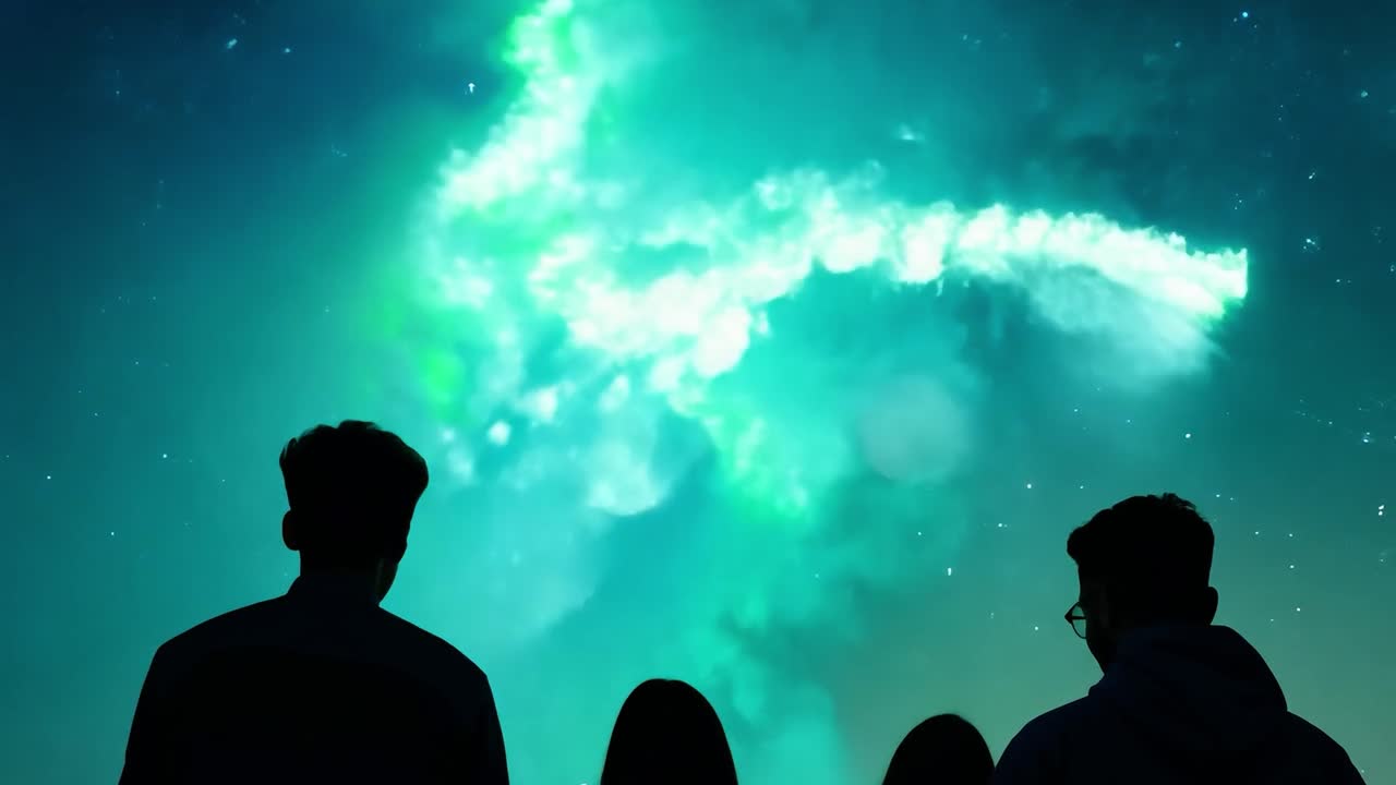 밤 하늘 에서 불꽃놀이 를 보는 친구 들 의 그룹