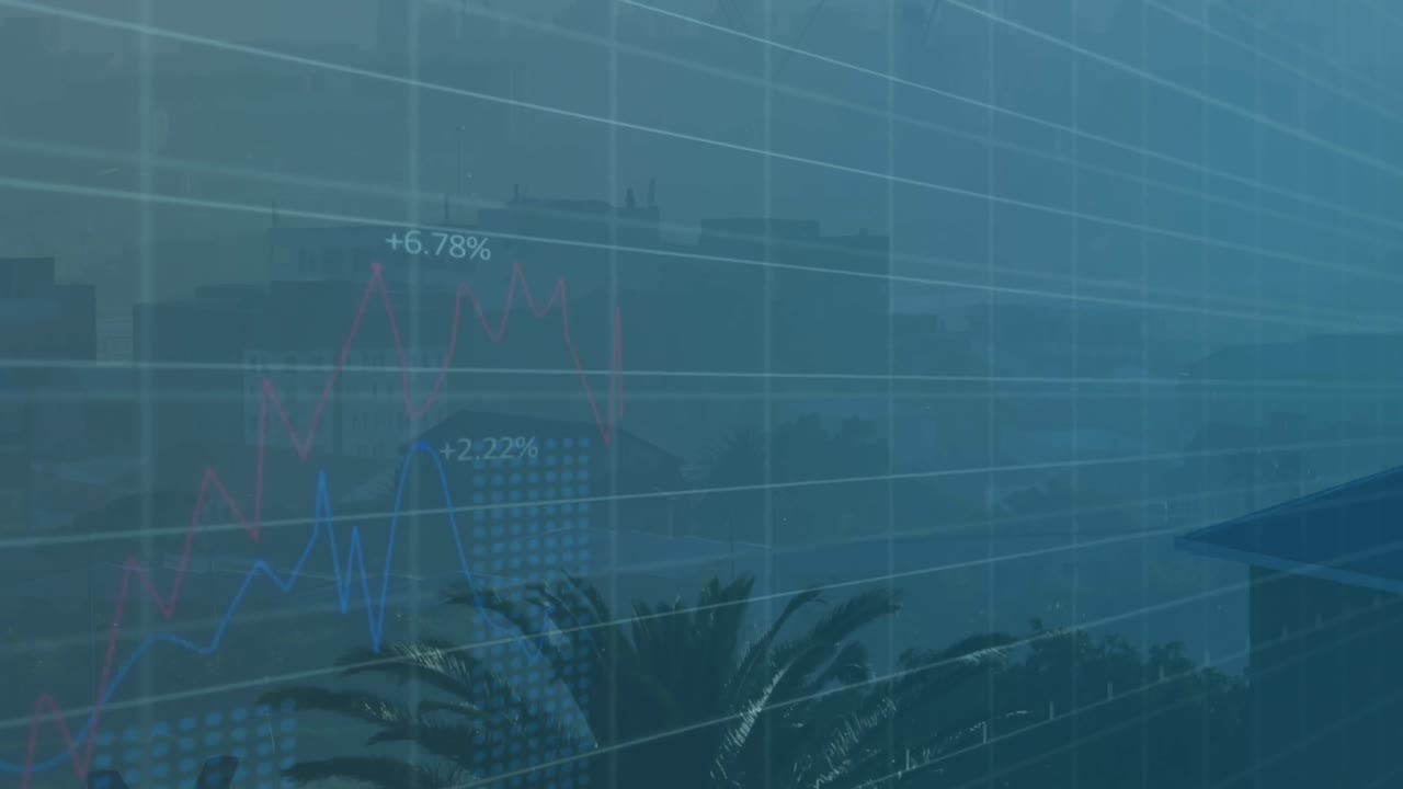 Animation of multiple graphs with changing numbers over modern buildings in background