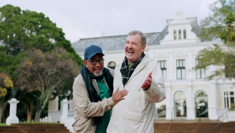 nature, laugh and elderly friends walking