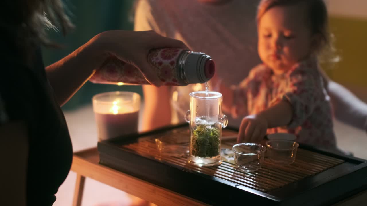 Cinemagraph upacara minum teh dengan bayi. Keluarga melakukan upacara minum teh di rumah bersama balita perempuan. Cinemagraph dengan teh yang dituangkan ke dalam teko.