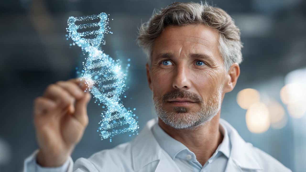 Scientific Exploration: A Researcher Analyzes a Digital Representation of DNA Molecule, Highlighting Advances in Genetic Studies and Biotechnology Innovation
