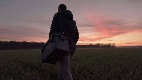 man walking in field sunrise hard case carry field wet grass horizon