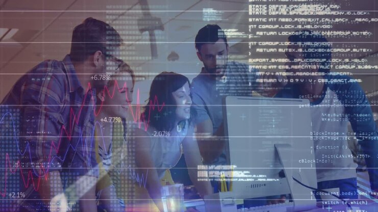 Animation of financial data processing over diverse business people using computer