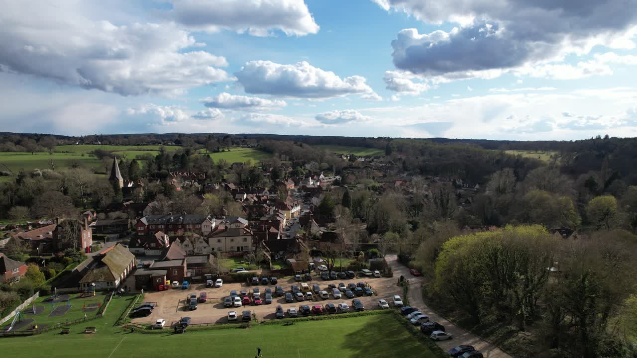 Panning shot Shere Village Surrey UK aerial drone 4K footage
