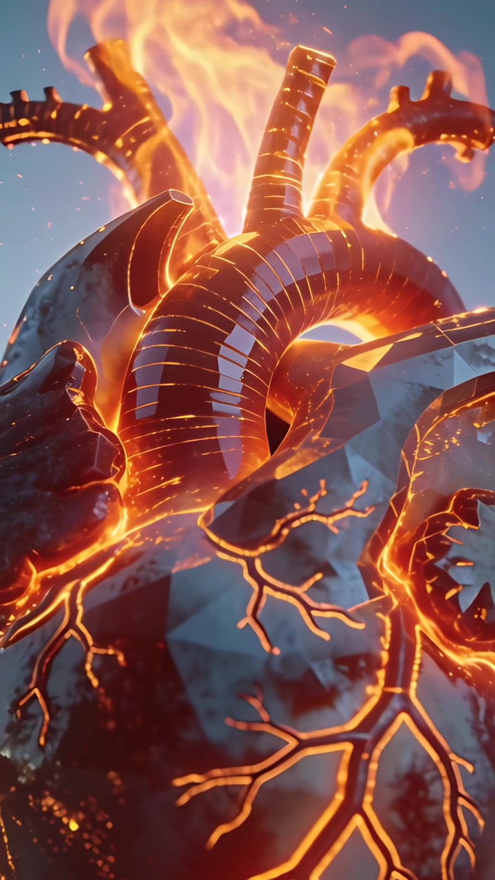 Video verticale: Mostra un cuore di metallo sfaccettato con fessure che sprigionano fiamme da tubi nel cielo blu.