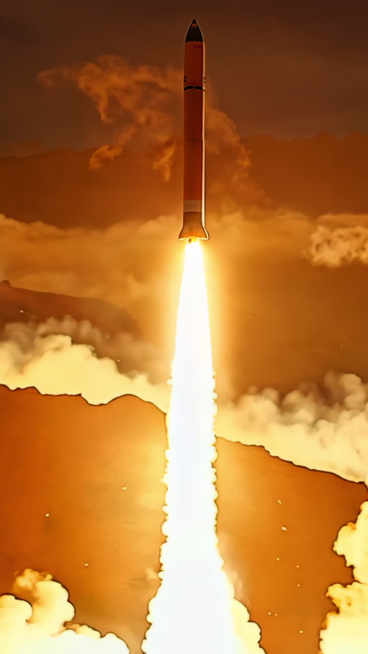 A rocket is launching into the sky, leaving a trail of smoke behind it. The scene is set in a desert, with mountains in the background. Concept of excitement and adventure