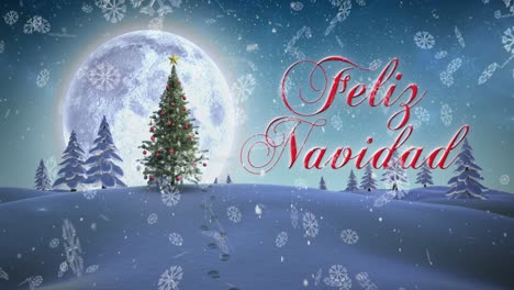 Animación-De-Nieve-Cayendo-Y-Texto-De-Saludos-Navideños-Sobre-Un-árbol-De-Navidad-En-Un-Paisaje-Invernal