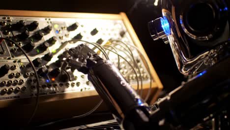 a robotic musician creating melodies: an intricate interaction between artificial intelligence and synthesizer soundscapes in a futuristic studio setting