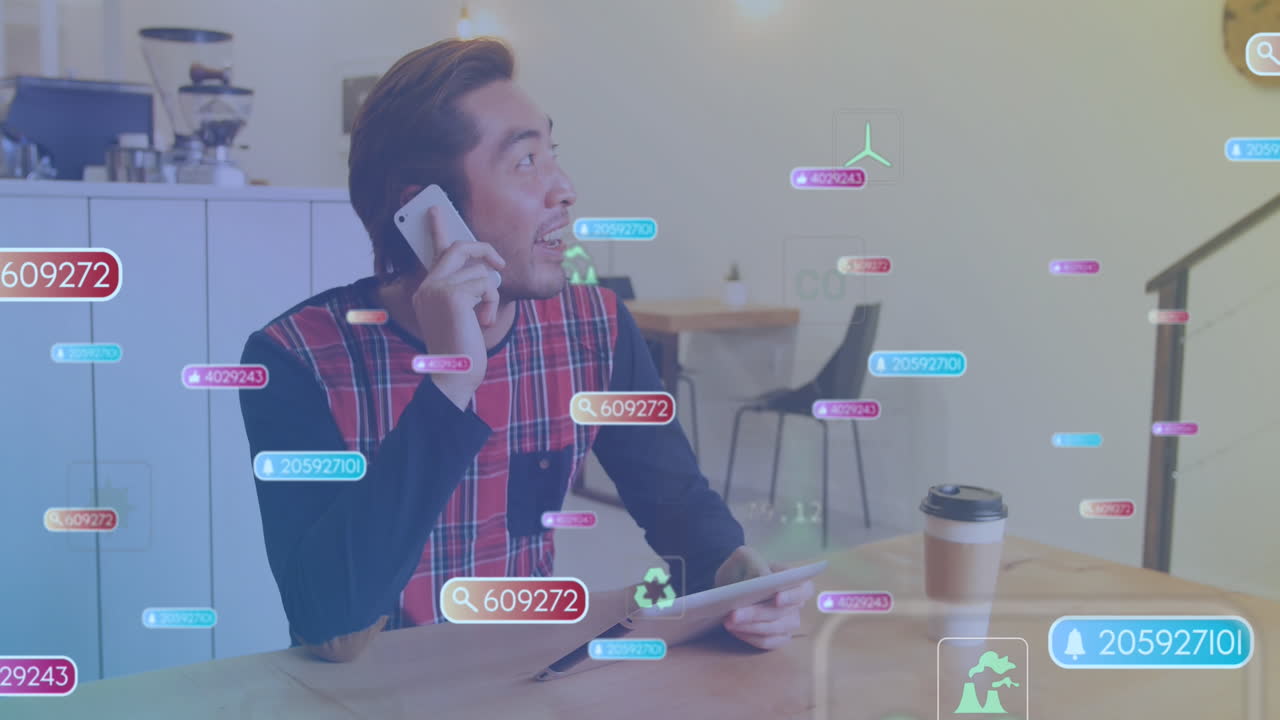 Animation of notification bars, icons, asian man looking at digital tablet and talking on cellphone
