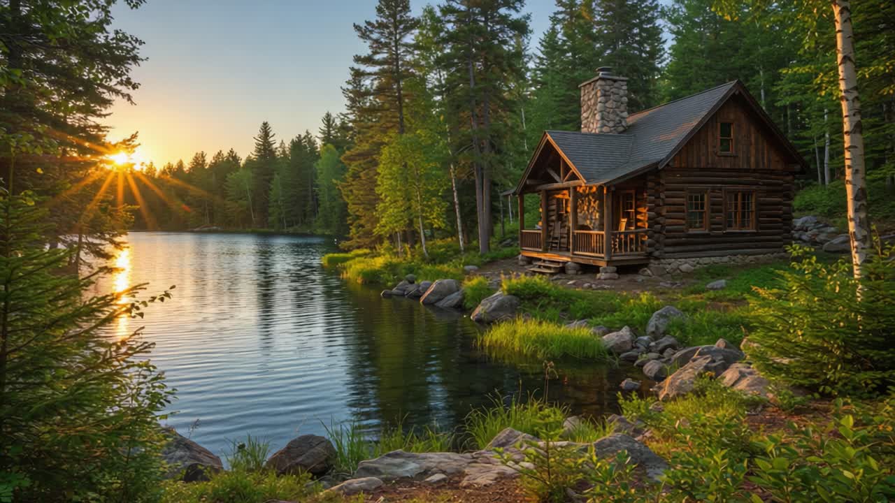 Serene Sunset Reflection Over a Tranquil Lake with a Cozy Log Cabin Surrounded by Lush Trees and Peaceful Nature Scenery