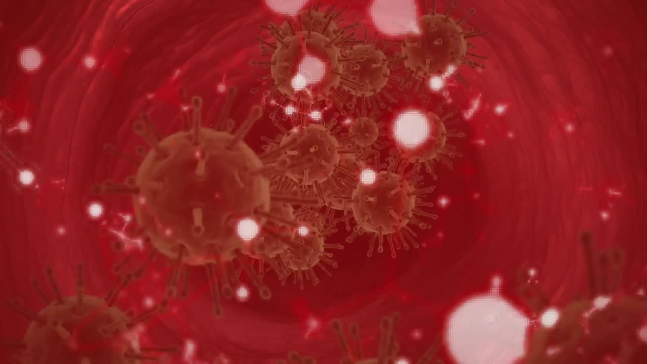 분자의 애니메이션과 코로나19 세포의 떠다니는 모습