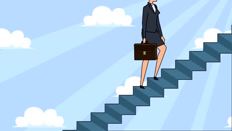 flat cartoon businesswoman character with case bag goes up the career ladder stairs concept  animation