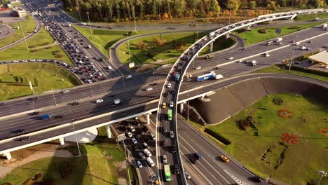 aerial view of a freeway intersection traffic trails in moscow.