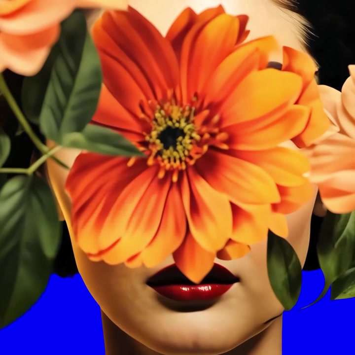 Ritratto surreale animato di una donna con fiori e labbra rosse