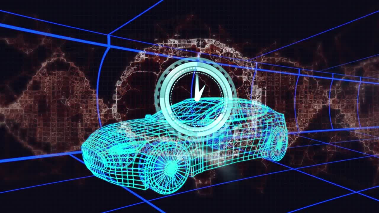 인간 뇌의 애니메이션, dna 줄기의 회전과 시계 오버 3d 드로잉 모델 자동차와 그리드