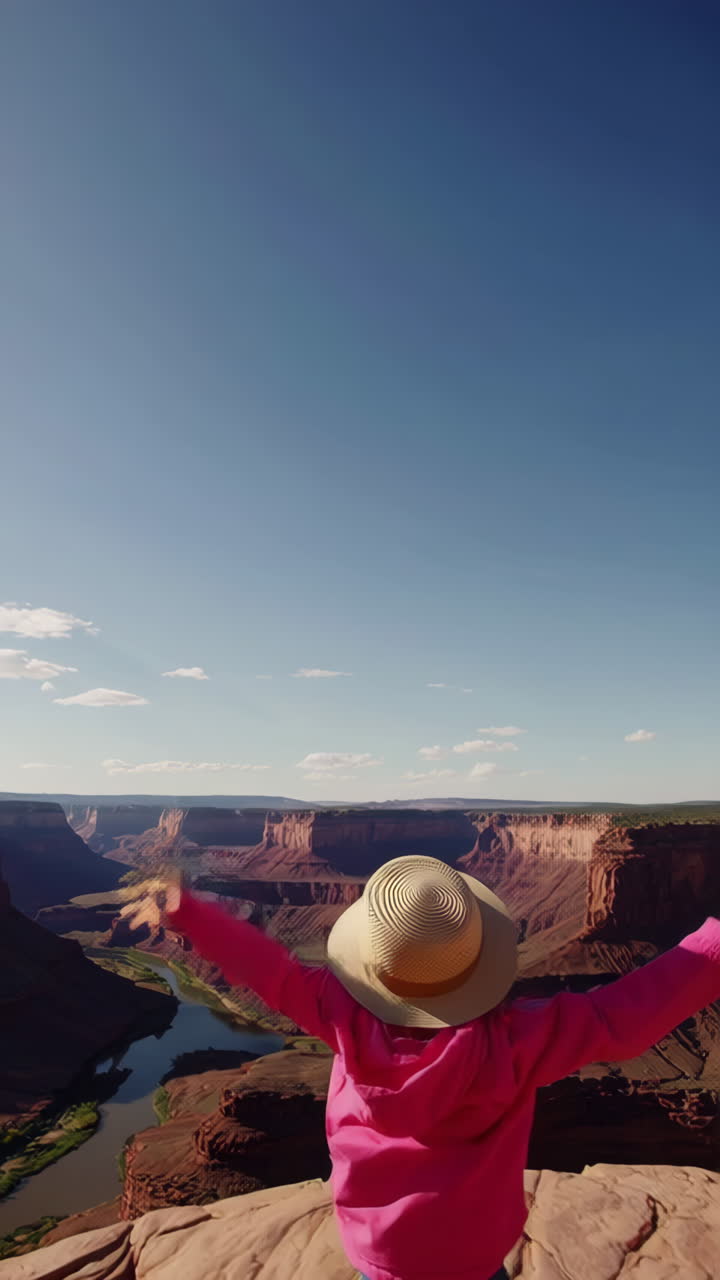 Person enjoying a majestic panoramic view of a vast canyon and winding river