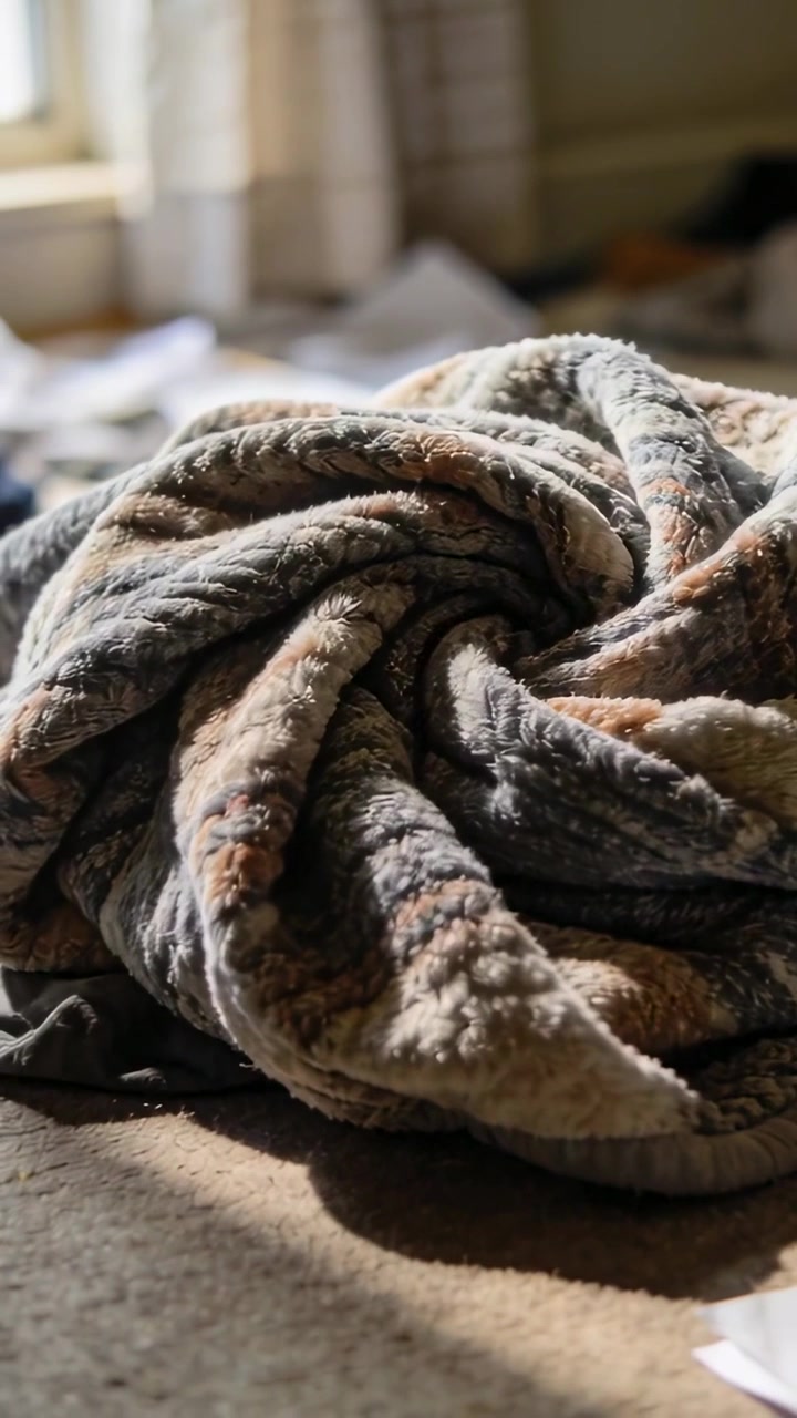 Video verticale: La telecamera si sposta, inquadrando una coperta stropicciata su un tappeto di casa, mostrando una consistenza soffice