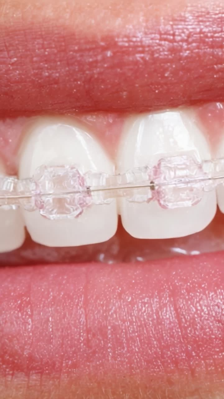 Close-up of Clear Dental Braces on Teeth Highlighting Orthodontic Treatment and Oral Aesthetics in a Dynamic Smile Transformation