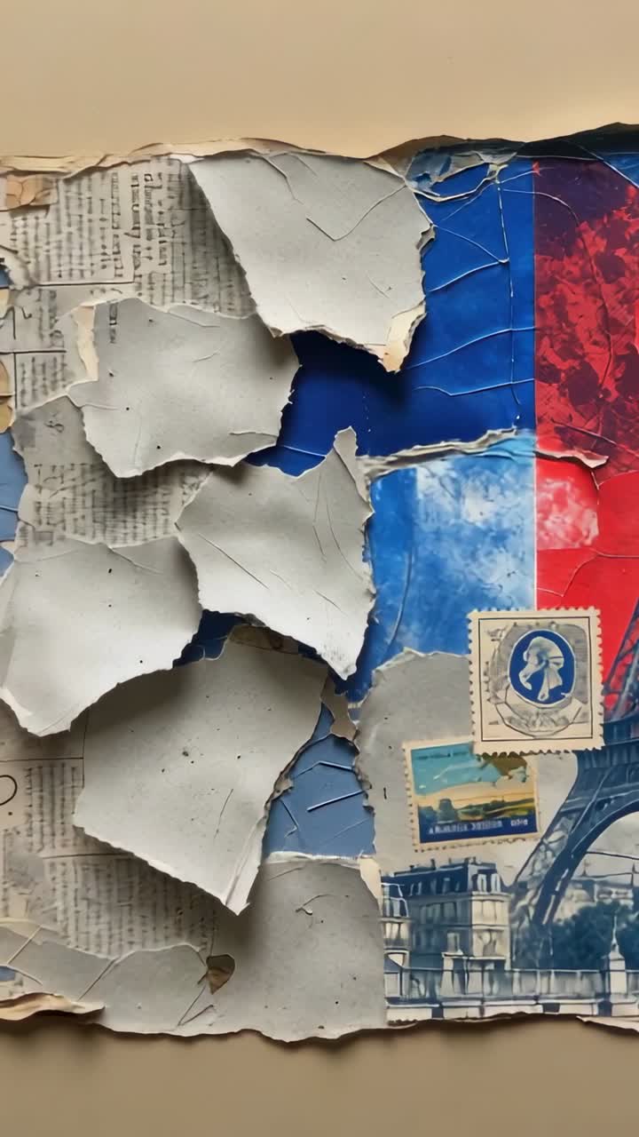 Vertical video: Closeup camera panning down collage on wall revealing queen stamp and travel poster