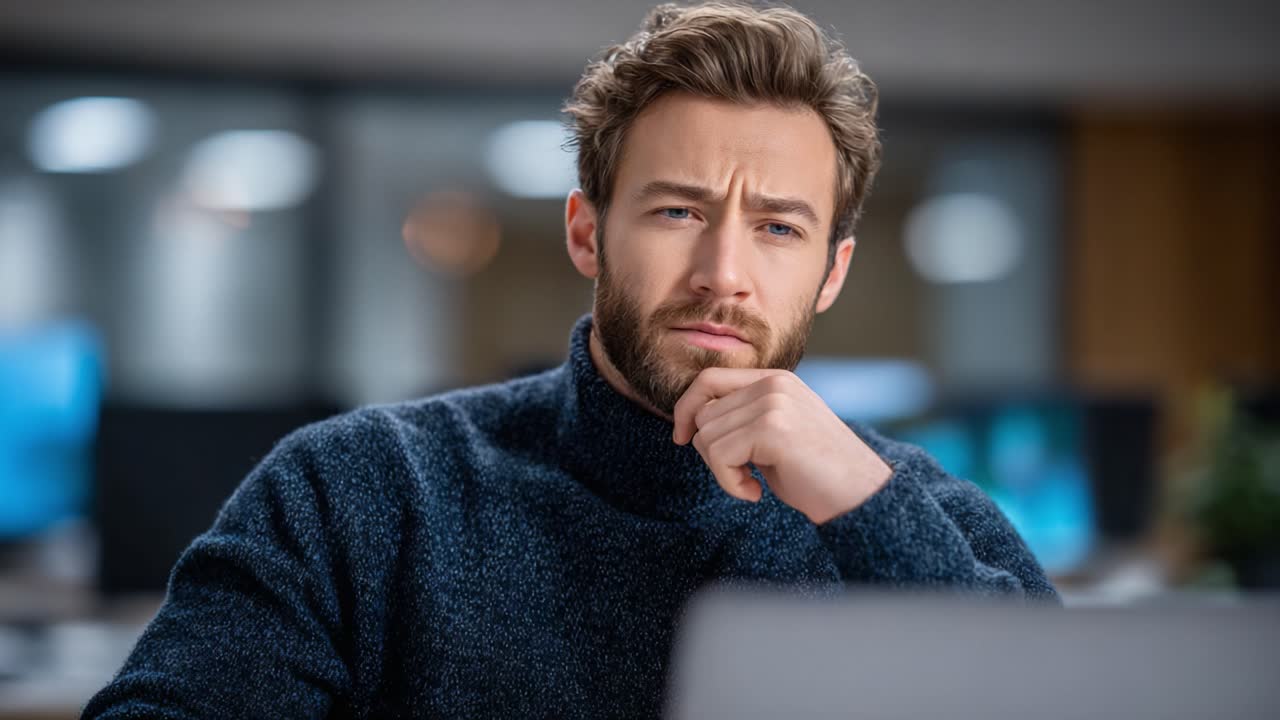 A Thoughtful Man Reflecting on Ideas in a Modern Workspace, Captured in Two Frames Showing Introspection and Curiosity in a Professional Environment