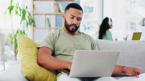 laptop, finance and black man on sofa thinking