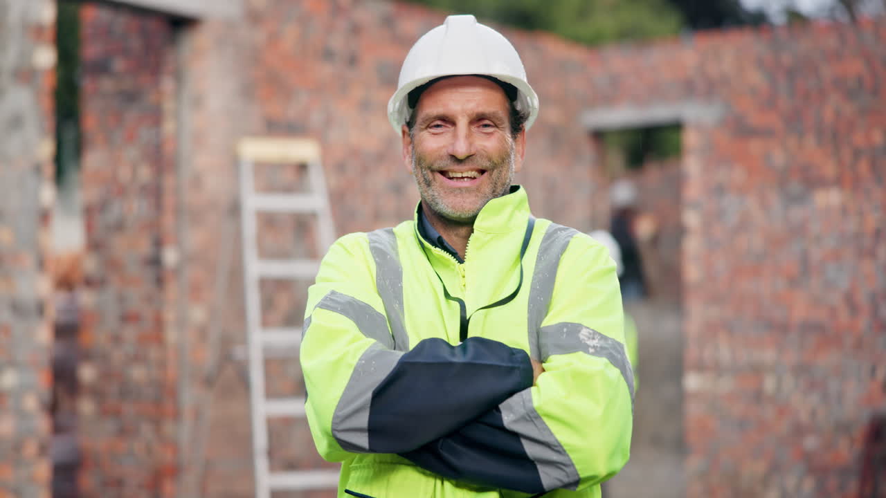 Construction worker in front of brick wall
