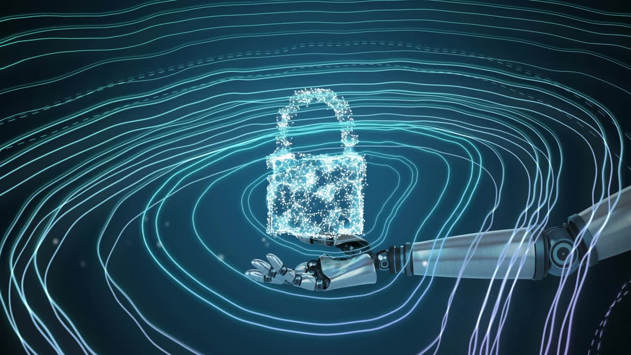 Robotic hand holding digital lock, cybersecurity animation over blue wave patterns