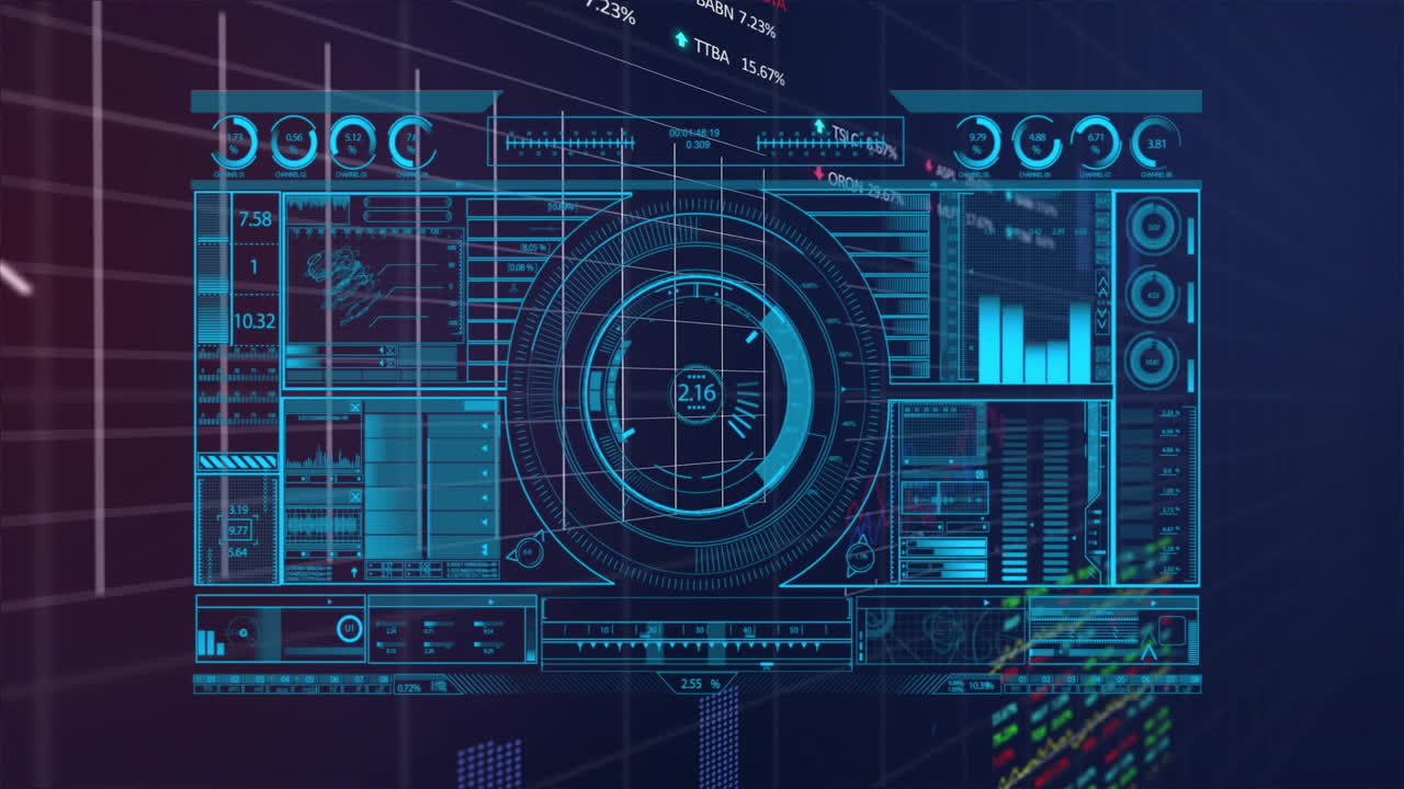 Animation of digital dashboard showing data analytics and graphs in blue tones